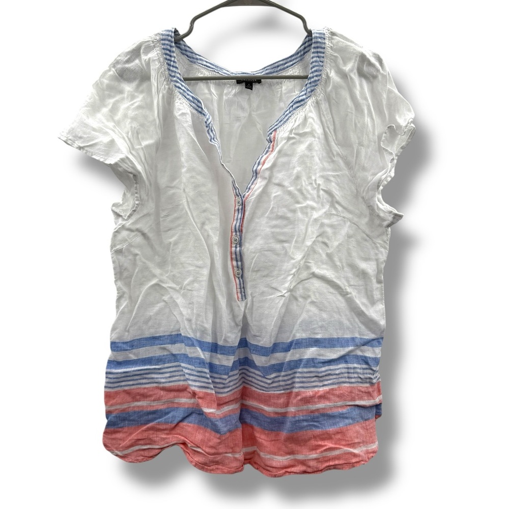 Talbots‎ Linen Striped Henley Top Women’s Size Large White Blue Pink Summer